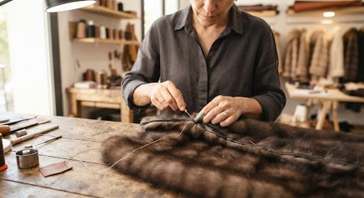 Manos artesanas trabajando una prenda de piel en el taller